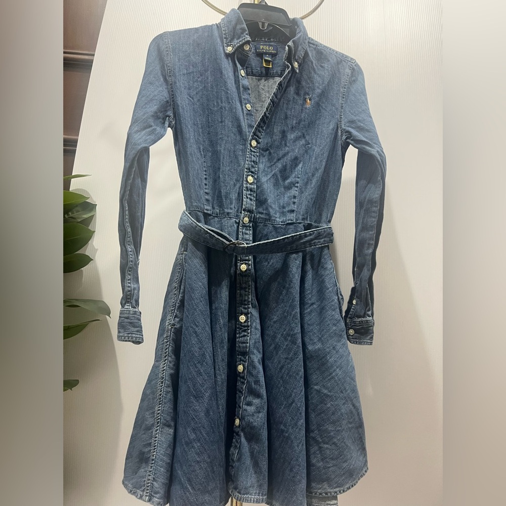 Ralph Lauren Girls Belted Cotton Denim Shirtdress Indigo Blue Size 16